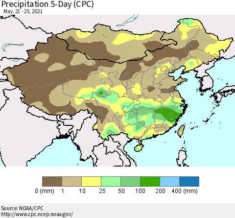 China, Mongolia and Taiwan Precipitation 5-Day (CPC) Thematic Map For 5/21/2021 - 5/25/2021