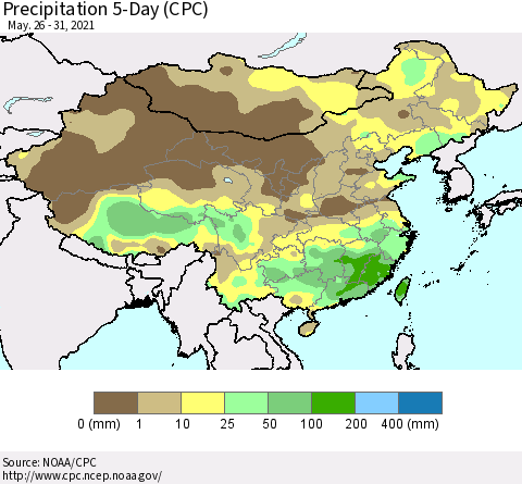 China, Mongolia and Taiwan Precipitation 5-Day (CPC) Thematic Map For 5/26/2021 - 5/31/2021