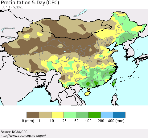 China, Mongolia and Taiwan Precipitation 5-Day (CPC) Thematic Map For 6/1/2021 - 6/5/2021