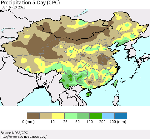 China, Mongolia and Taiwan Precipitation 5-Day (CPC) Thematic Map For 6/6/2021 - 6/10/2021