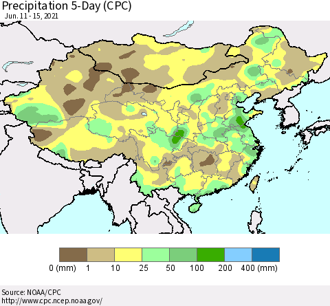 China, Mongolia and Taiwan Precipitation 5-Day (CPC) Thematic Map For 6/11/2021 - 6/15/2021