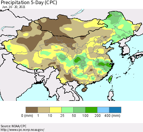 China, Mongolia and Taiwan Precipitation 5-Day (CPC) Thematic Map For 6/16/2021 - 6/20/2021