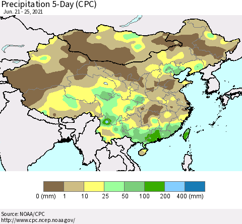 China, Mongolia and Taiwan Precipitation 5-Day (CPC) Thematic Map For 6/21/2021 - 6/25/2021
