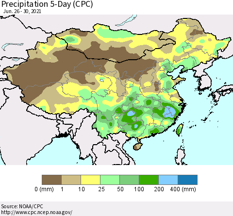 China, Mongolia and Taiwan Precipitation 5-Day (CPC) Thematic Map For 6/26/2021 - 6/30/2021