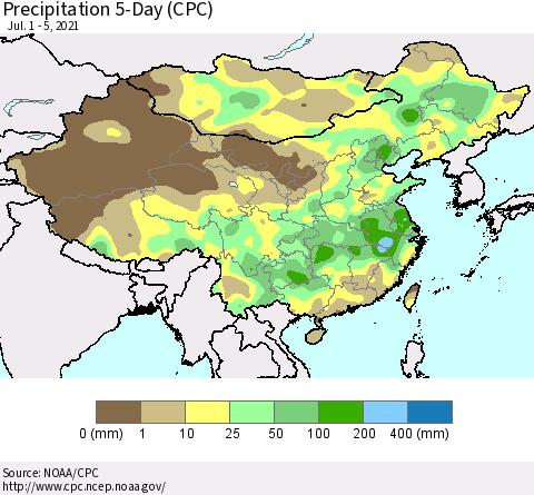 China, Mongolia and Taiwan Precipitation 5-Day (CPC) Thematic Map For 7/1/2021 - 7/5/2021