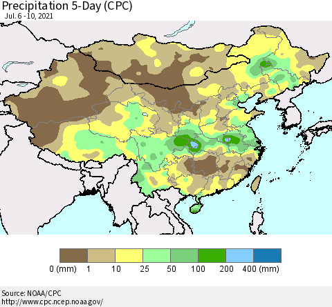 China, Mongolia and Taiwan Precipitation 5-Day (CPC) Thematic Map For 7/6/2021 - 7/10/2021
