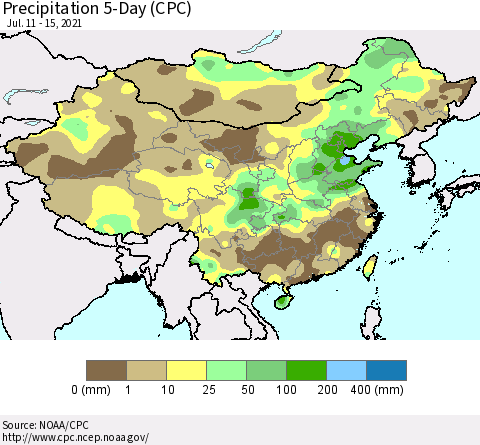 China, Mongolia and Taiwan Precipitation 5-Day (CPC) Thematic Map For 7/11/2021 - 7/15/2021