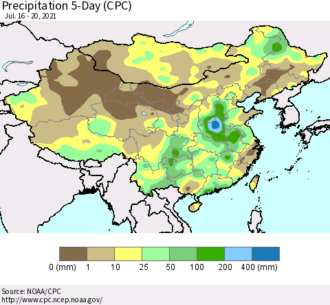 China, Mongolia and Taiwan Precipitation 5-Day (CPC) Thematic Map For 7/16/2021 - 7/20/2021