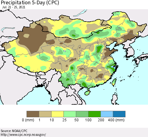 China, Mongolia and Taiwan Precipitation 5-Day (CPC) Thematic Map For 7/21/2021 - 7/25/2021