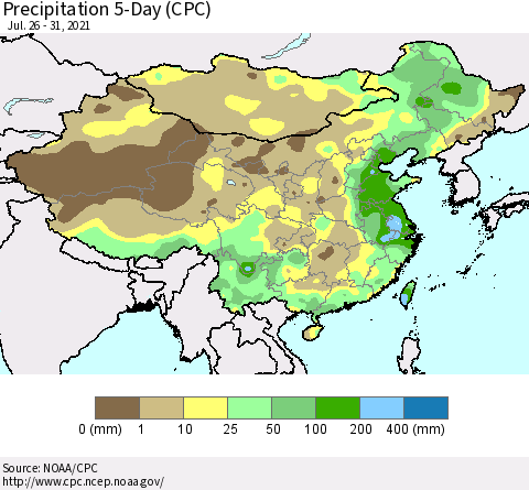 China, Mongolia and Taiwan Precipitation 5-Day (CPC) Thematic Map For 7/26/2021 - 7/31/2021