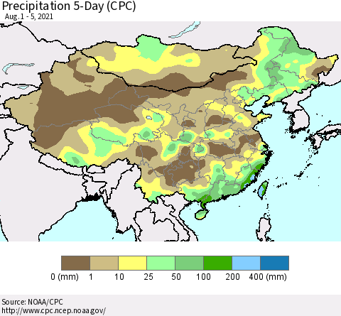 China, Mongolia and Taiwan Precipitation 5-Day (CPC) Thematic Map For 8/1/2021 - 8/5/2021