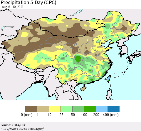 China, Mongolia and Taiwan Precipitation 5-Day (CPC) Thematic Map For 8/6/2021 - 8/10/2021