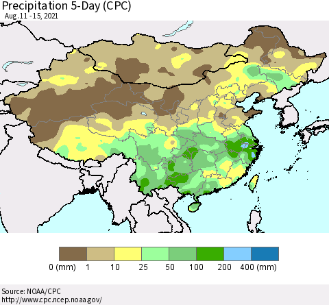 China, Mongolia and Taiwan Precipitation 5-Day (CPC) Thematic Map For 8/11/2021 - 8/15/2021