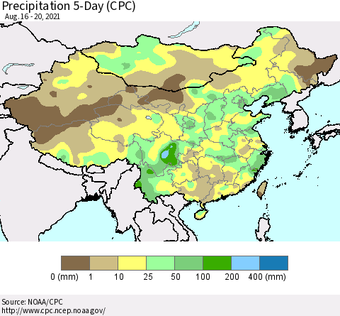 China, Mongolia and Taiwan Precipitation 5-Day (CPC) Thematic Map For 8/16/2021 - 8/20/2021