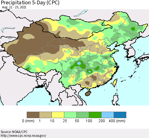 China, Mongolia and Taiwan Precipitation 5-Day (CPC) Thematic Map For 8/21/2021 - 8/25/2021