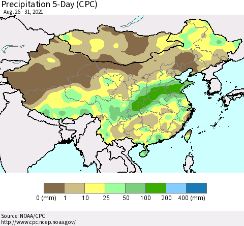 China, Mongolia and Taiwan Precipitation 5-Day (CPC) Thematic Map For 8/26/2021 - 8/31/2021