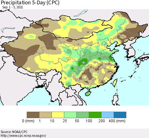 China, Mongolia and Taiwan Precipitation 5-Day (CPC) Thematic Map For 9/1/2021 - 9/5/2021