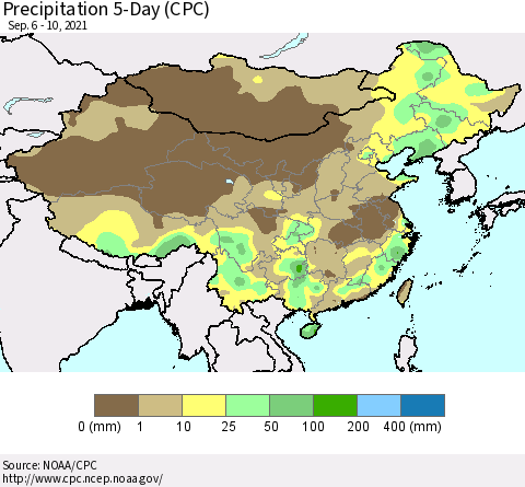 China, Mongolia and Taiwan Precipitation 5-Day (CPC) Thematic Map For 9/6/2021 - 9/10/2021
