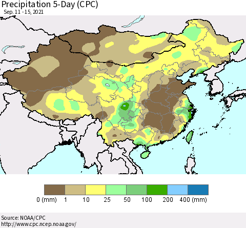 China, Mongolia and Taiwan Precipitation 5-Day (CPC) Thematic Map For 9/11/2021 - 9/15/2021