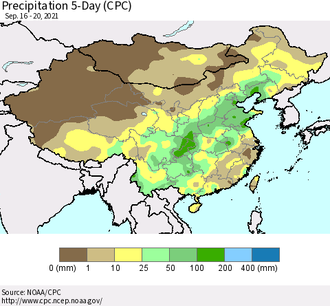 China, Mongolia and Taiwan Precipitation 5-Day (CPC) Thematic Map For 9/16/2021 - 9/20/2021