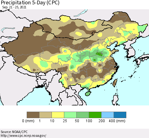 China, Mongolia and Taiwan Precipitation 5-Day (CPC) Thematic Map For 9/21/2021 - 9/25/2021