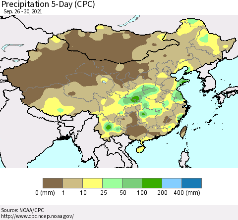 China, Mongolia and Taiwan Precipitation 5-Day (CPC) Thematic Map For 9/26/2021 - 9/30/2021
