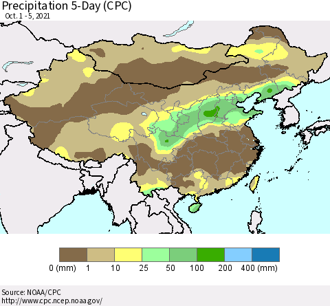 China, Mongolia and Taiwan Precipitation 5-Day (CPC) Thematic Map For 10/1/2021 - 10/5/2021