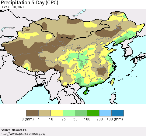 China, Mongolia and Taiwan Precipitation 5-Day (CPC) Thematic Map For 10/6/2021 - 10/10/2021