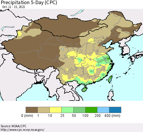 China, Mongolia and Taiwan Precipitation 5-Day (CPC) Thematic Map For 10/11/2021 - 10/15/2021
