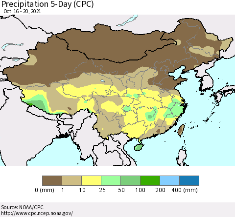 China, Mongolia and Taiwan Precipitation 5-Day (CPC) Thematic Map For 10/16/2021 - 10/20/2021