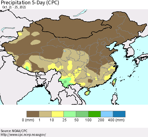 China, Mongolia and Taiwan Precipitation 5-Day (CPC) Thematic Map For 10/21/2021 - 10/25/2021