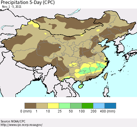 China, Mongolia and Taiwan Precipitation 5-Day (CPC) Thematic Map For 11/1/2021 - 11/5/2021