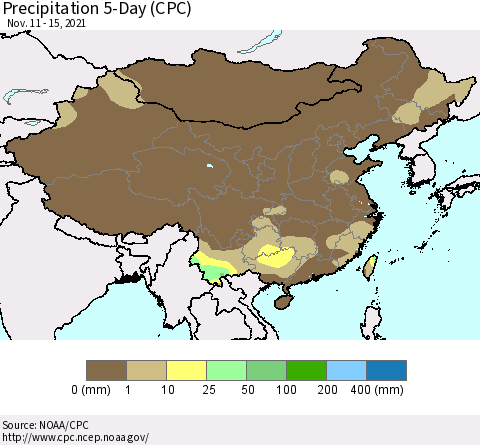 China, Mongolia and Taiwan Precipitation 5-Day (CPC) Thematic Map For 11/11/2021 - 11/15/2021