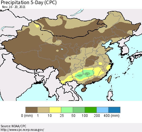 China, Mongolia and Taiwan Precipitation 5-Day (CPC) Thematic Map For 11/16/2021 - 11/20/2021