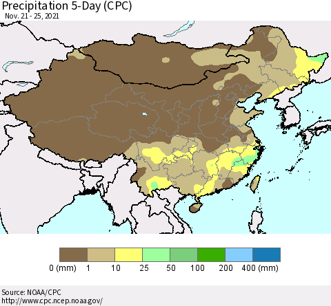 China, Mongolia and Taiwan Precipitation 5-Day (CPC) Thematic Map For 11/21/2021 - 11/25/2021