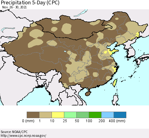 China, Mongolia and Taiwan Precipitation 5-Day (CPC) Thematic Map For 11/26/2021 - 11/30/2021