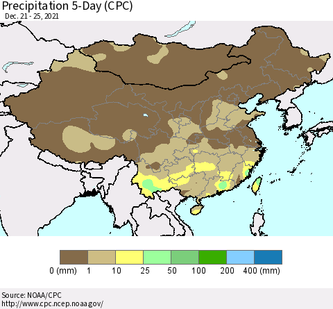 China, Mongolia and Taiwan Precipitation 5-Day (CPC) Thematic Map For 12/21/2021 - 12/25/2021