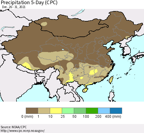 China, Mongolia and Taiwan Precipitation 5-Day (CPC) Thematic Map For 12/26/2021 - 12/31/2021