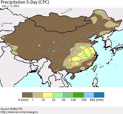 China, Mongolia and Taiwan Precipitation 5-Day (CPC) Thematic Map For 1/1/2022 - 1/5/2022