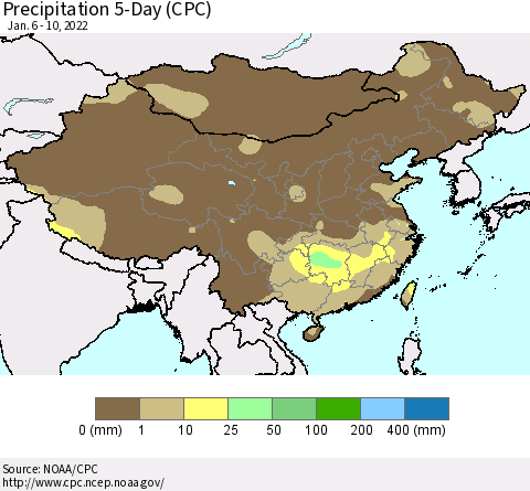China, Mongolia and Taiwan Precipitation 5-Day (CPC) Thematic Map For 1/6/2022 - 1/10/2022
