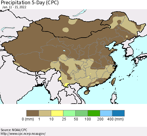 China, Mongolia and Taiwan Precipitation 5-Day (CPC) Thematic Map For 1/11/2022 - 1/15/2022