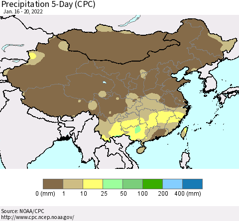China, Mongolia and Taiwan Precipitation 5-Day (CPC) Thematic Map For 1/16/2022 - 1/20/2022