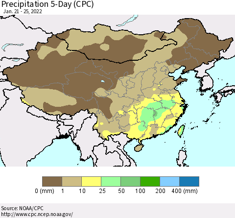 China, Mongolia and Taiwan Precipitation 5-Day (CPC) Thematic Map For 1/21/2022 - 1/25/2022