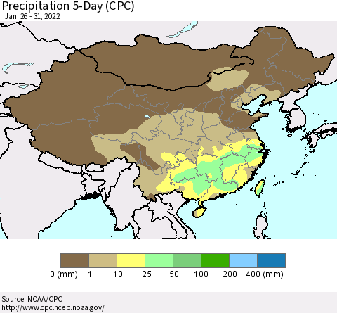China, Mongolia and Taiwan Precipitation 5-Day (CPC) Thematic Map For 1/26/2022 - 1/31/2022
