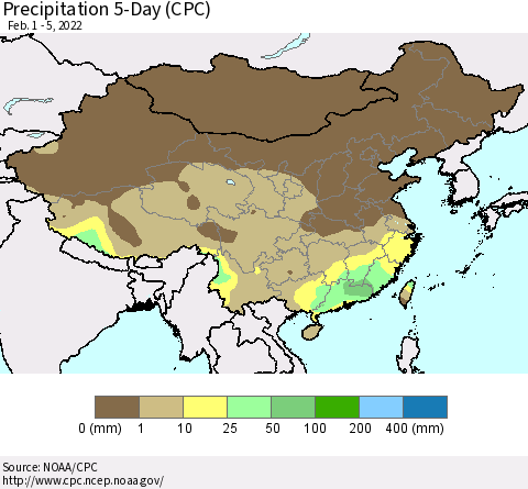 China, Mongolia and Taiwan Precipitation 5-Day (CPC) Thematic Map For 2/1/2022 - 2/5/2022