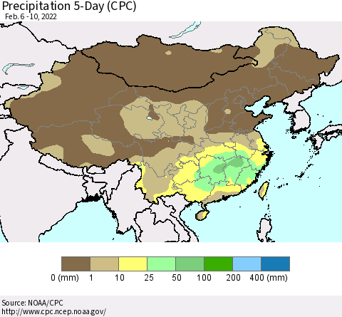 China, Mongolia and Taiwan Precipitation 5-Day (CPC) Thematic Map For 2/6/2022 - 2/10/2022