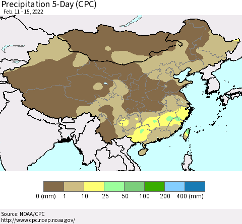 China, Mongolia and Taiwan Precipitation 5-Day (CPC) Thematic Map For 2/11/2022 - 2/15/2022