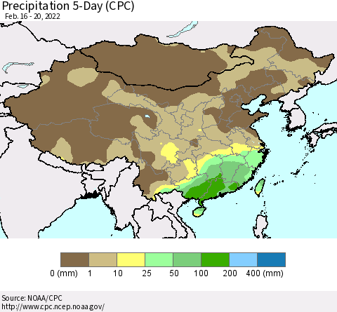 China, Mongolia and Taiwan Precipitation 5-Day (CPC) Thematic Map For 2/16/2022 - 2/20/2022