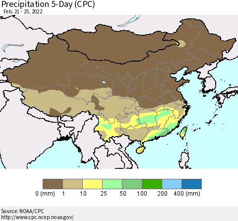 China, Mongolia and Taiwan Precipitation 5-Day (CPC) Thematic Map For 2/21/2022 - 2/25/2022