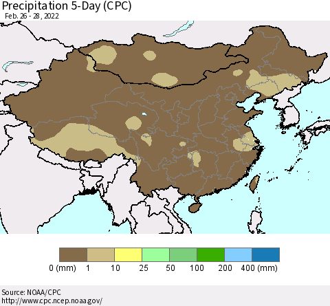China, Mongolia and Taiwan Precipitation 5-Day (CPC) Thematic Map For 2/26/2022 - 2/28/2022